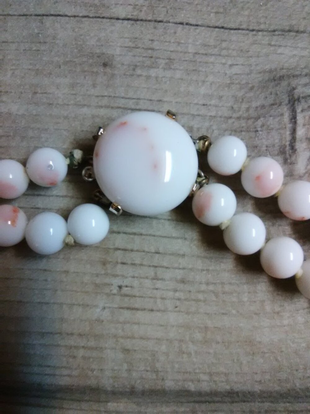 Castlecliff milk glass two strand necklace - white beads w/ pink / blush spots - Picture 2 of 14